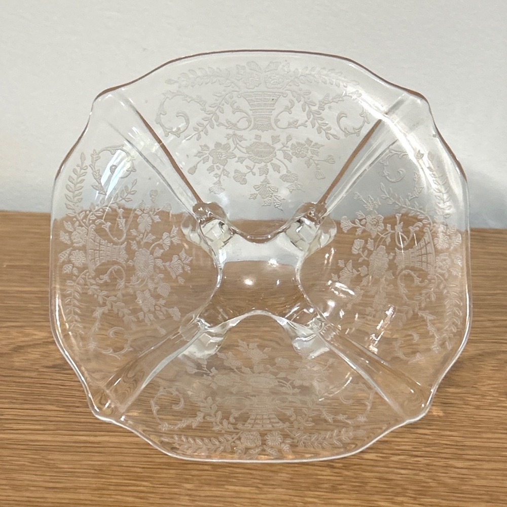 Cambridge Rose Clear Etched Glass Footed Bowl Floral Basket Scalloped Candy VTG
